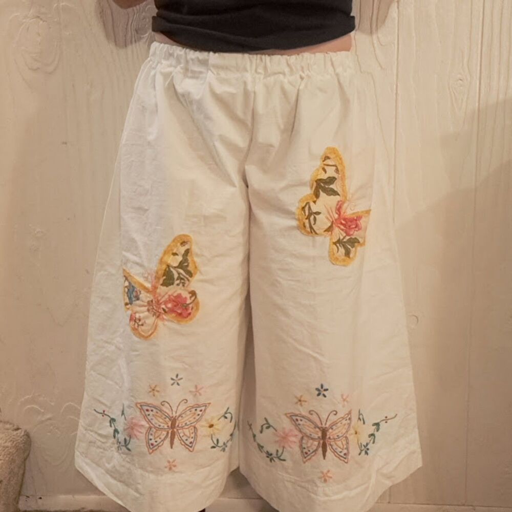 Upcycled Vintage Embroidered Butterfly Pillowcase Bloomer Pants L / XL